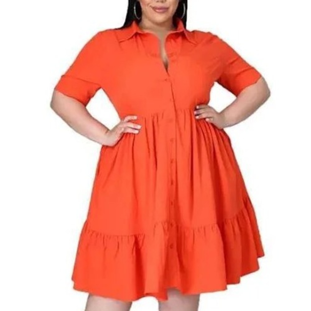 Unbranded Tiered Babydoll Dress Womens 2XL Orange Excellent Button Front Poplin